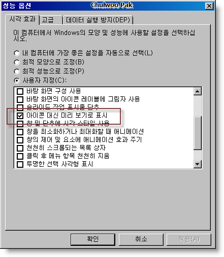 VIsta 성능 옵션
