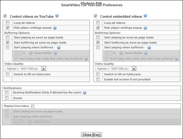 SmartVideo For YouTube 설정 화면