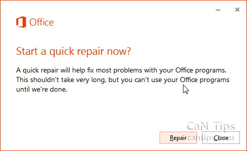 Office 2013: Start a quick repair now?