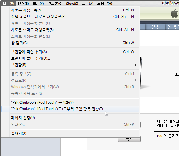 iTunes 구입 항목 전송