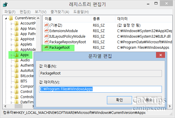 Windows 8 레지스트리 편집기: Appx